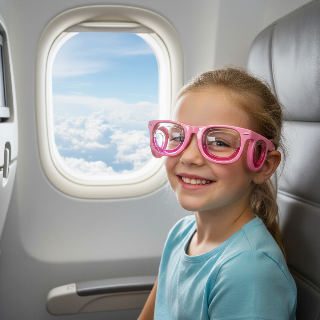 Girl wearing pink motion sickness glasses on airplane